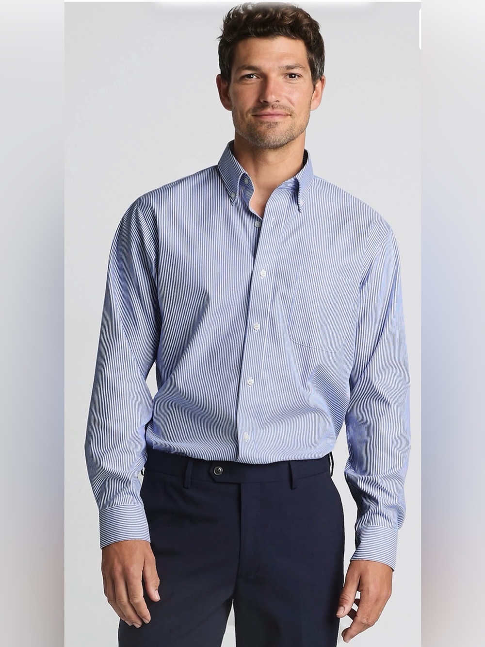Lands End Pima Pinpoint Men’s Button down Blue & White Long Sleeve Dress Shirt